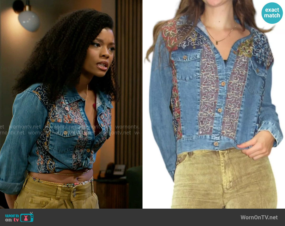 Young Threads Oil Spill Squiggle Jacket worn by Eva Thomas (Ambyr Michelle) on Beyond the Gates