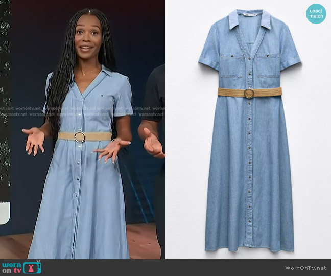 Zara Midi Shirt Dress with Belt in Light Blue worn by Zuri Hall on Access Hollywood