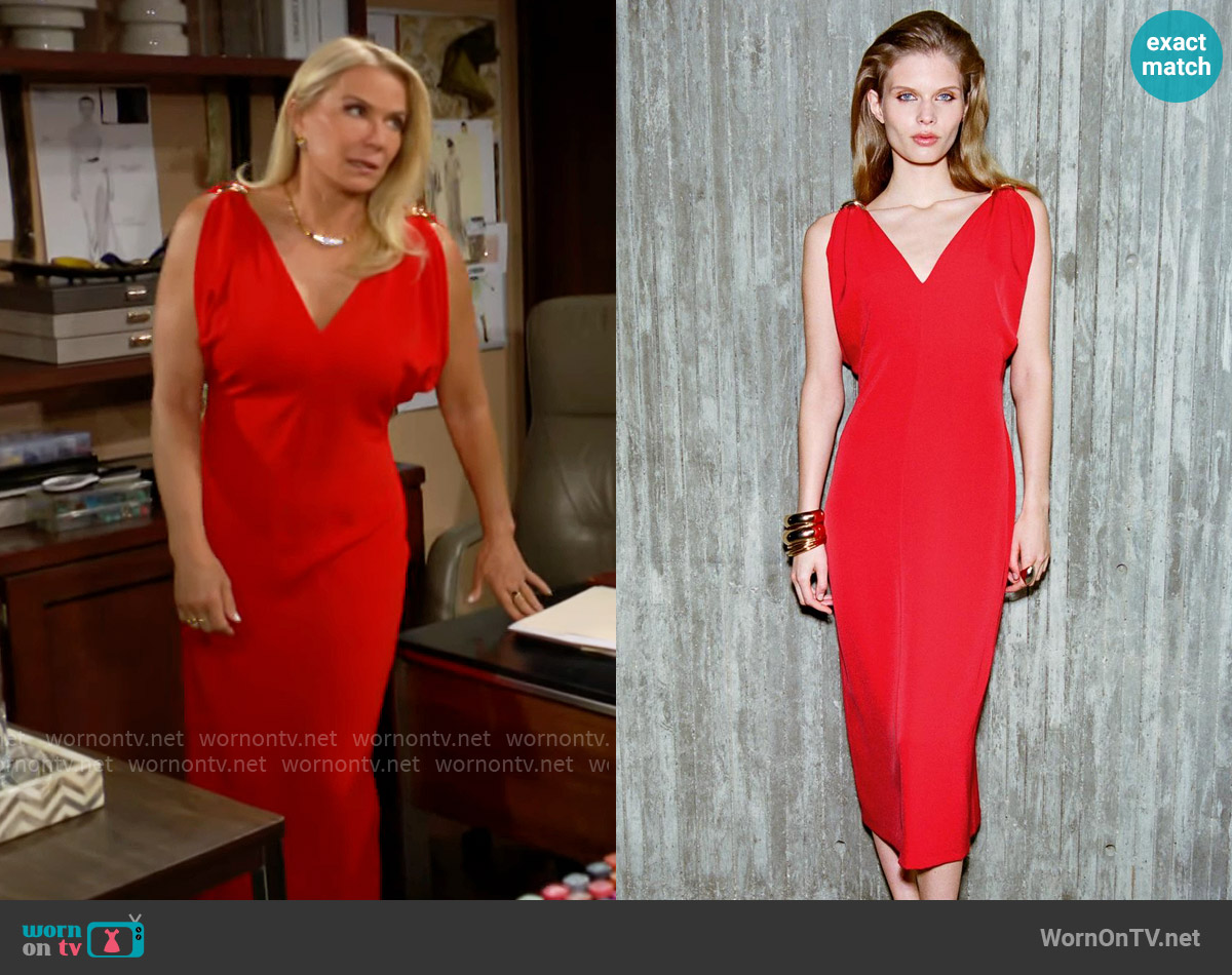 Zara Midi Dress with Gold Appliques worn by Brooke Logan (Katherine Kelly Lang) on The Bold and the Beautiful