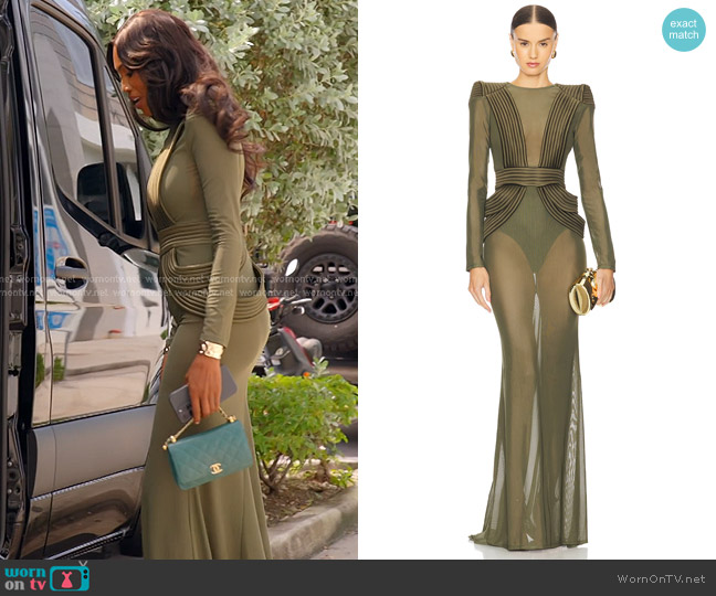 Zhivago Empty Streets Gown in Khaki worn by Kiki Barth (Kiki Barth) on The Real Housewives of Miami