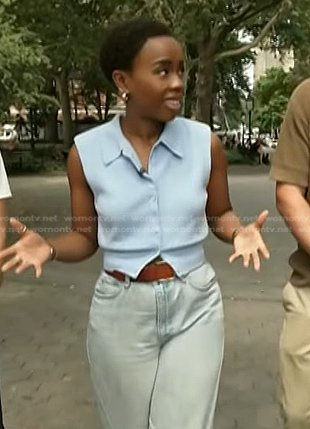 Zinhle’s blue sleeveless sweater on NBC News Daily