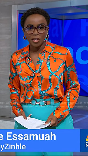 Zinhle’s orange chain print blouse and teal blue pants on NBC News Daily