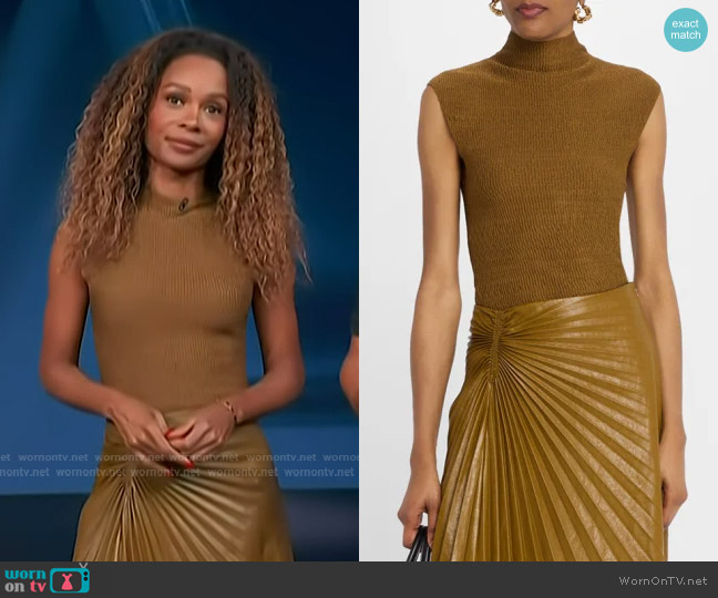 A.L.C. Jada Mock-Neck Top in Saddle worn by Zuri Hall on Access Hollywood