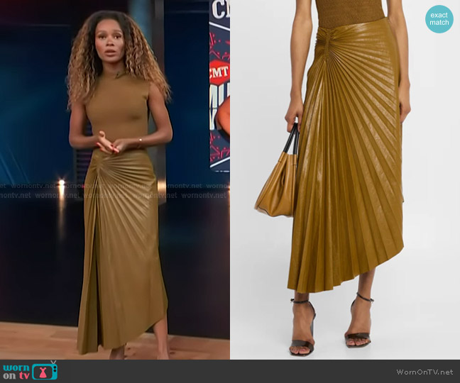A.L.C. Tracy Pleated High-Low Midi Skirt in Saddle worn by Zuri Hall on Access Hollywood