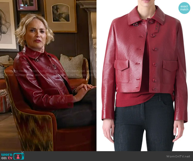 Akris Peer Lacqured Leather Crop Jacket in Ruby Red worn by Sharon Stone on Today