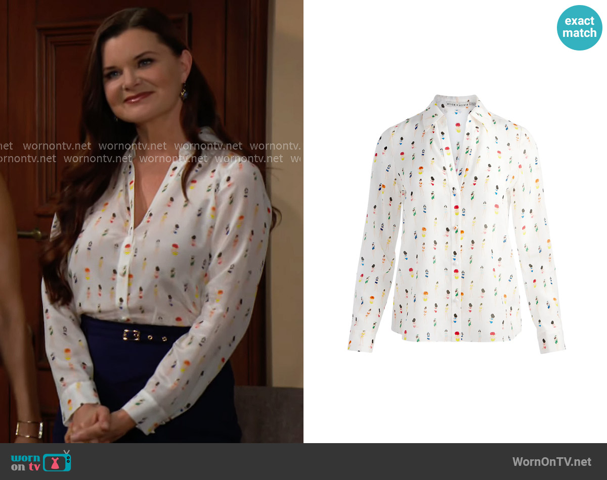 Alice + Olivia Eloise Shirt in Beach Club worn by Katie Logan (Heather Tom) on The Bold and the Beautiful