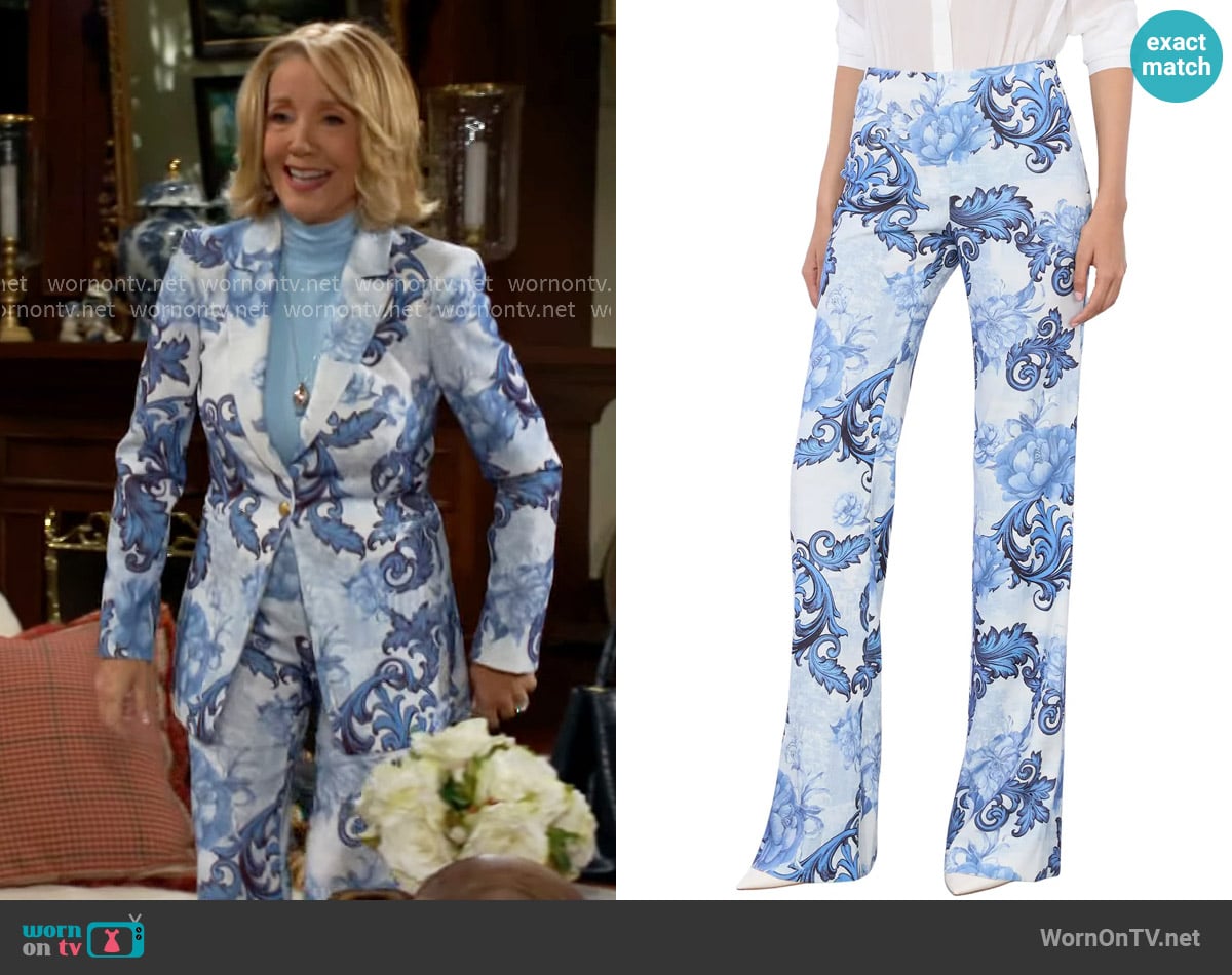 Alice + Olivia Teeny Printed Flare Bootcut Pants in Scroll Symphony worn by Nikki Reed Newman (Melody Thomas-Scott) on The Young and the Restless