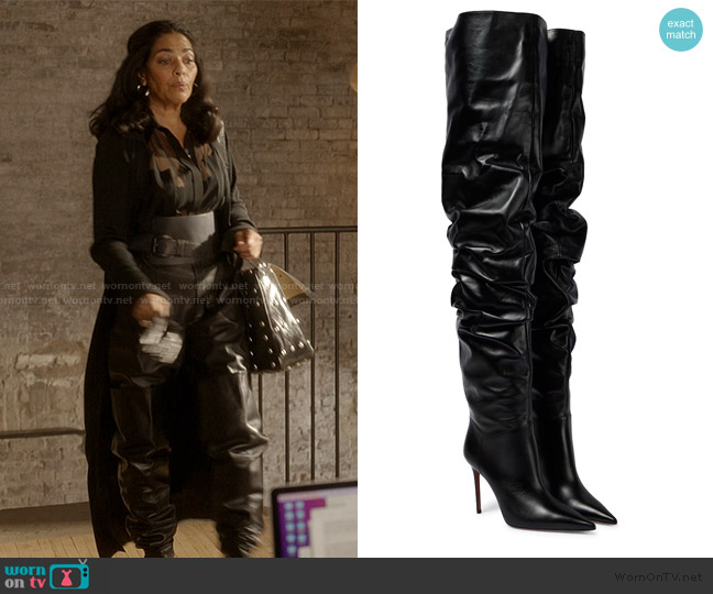 Amina Muaddi Jahleel leather over-the-knee boots worn by Seema Patel (Sarita Choudhury) on And Just Like That