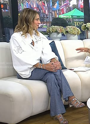 Andrea Lavinthal’s white embellished blouse and blue pants on Today