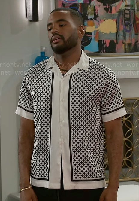 Andre’s black and white geometric print shirt on Beyond the Gates