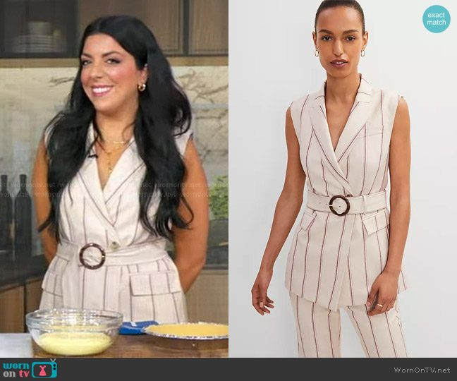 Ann Taylor Pinstripe Belted Vest in Flax worn by Danielle Sepsy on Good Morning America