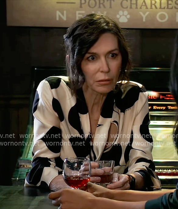 Anna’s black and white printed tie-neck blouse on General Hospital