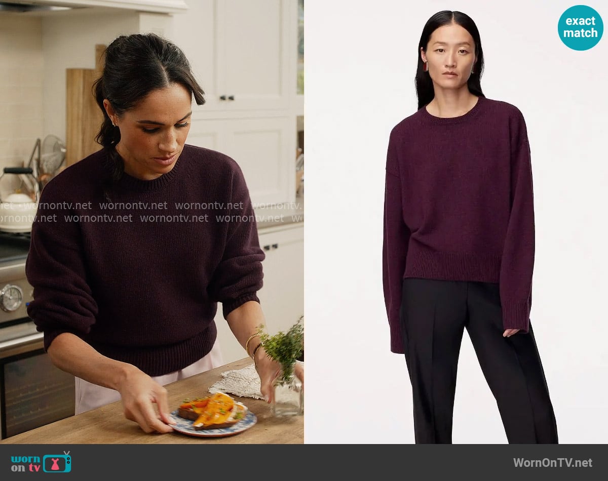 Another Tomorrow Cashmere Knit Sweatshirt in Maroon worn by Meghan Markle on With Love Meghan