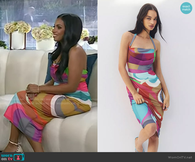 Anthropologie Square-Neck Halter Midi Dress in Pink Pattern worn by Niro Feliciano on Today