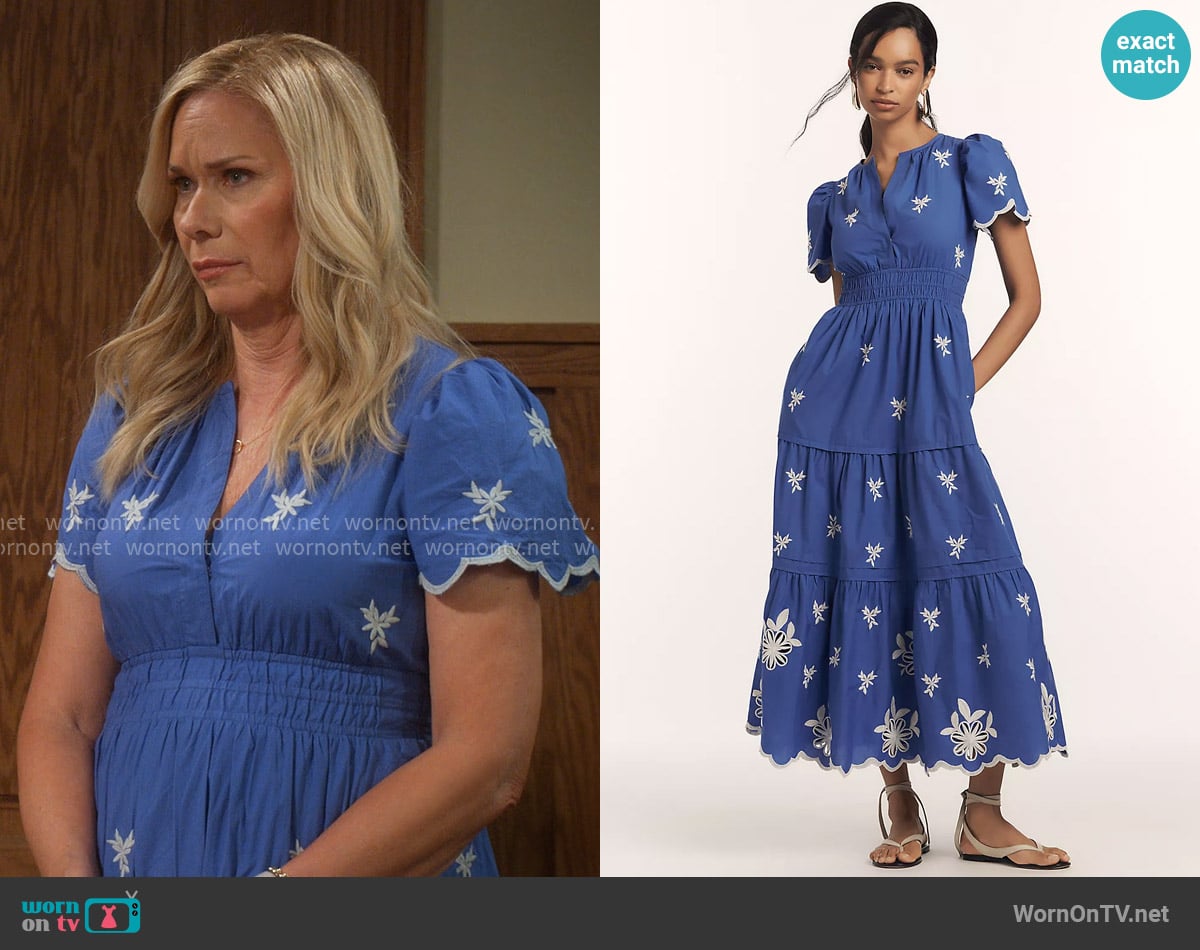 Anthropologie The Somerset Embroidered Maxi Dress in Blue worn by Leanne Murphy (Leanne Morgan) on Leanne