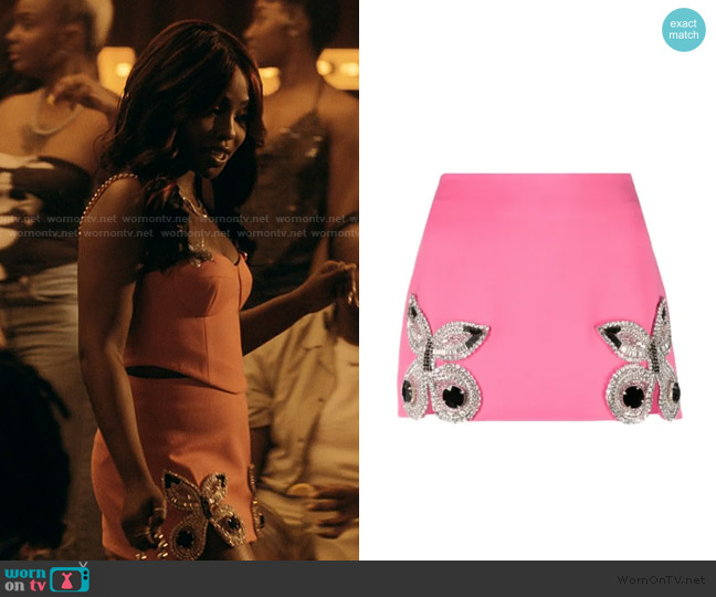 Area crystal-embellished butterfly mini skirt worn by Jemma St. John (Judae'a) on The Chi