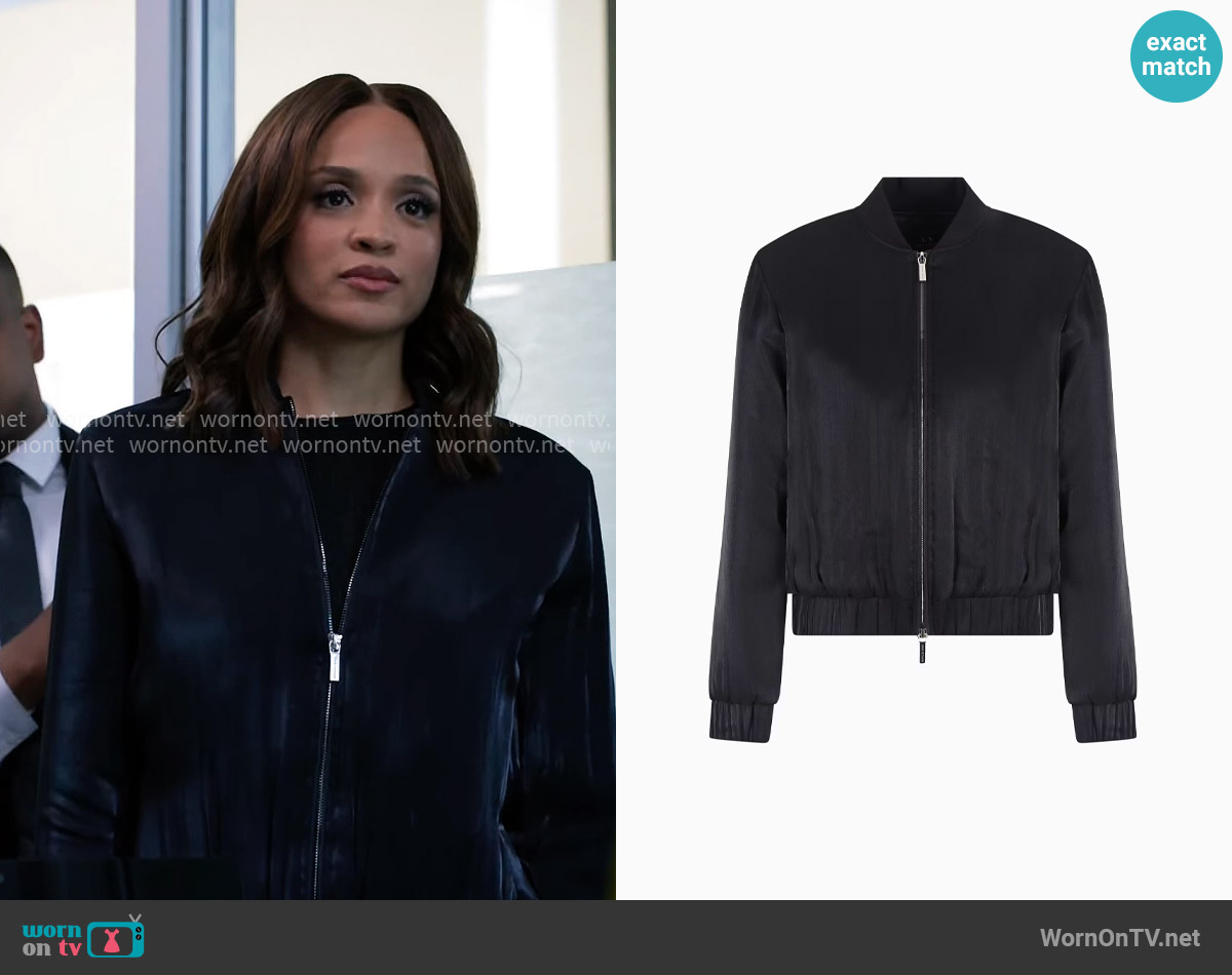 Armani Exchange Bomber jacket in glitter satin fabric worn by Penelope (Stal Stowers) on Tyler Perrys Sistas