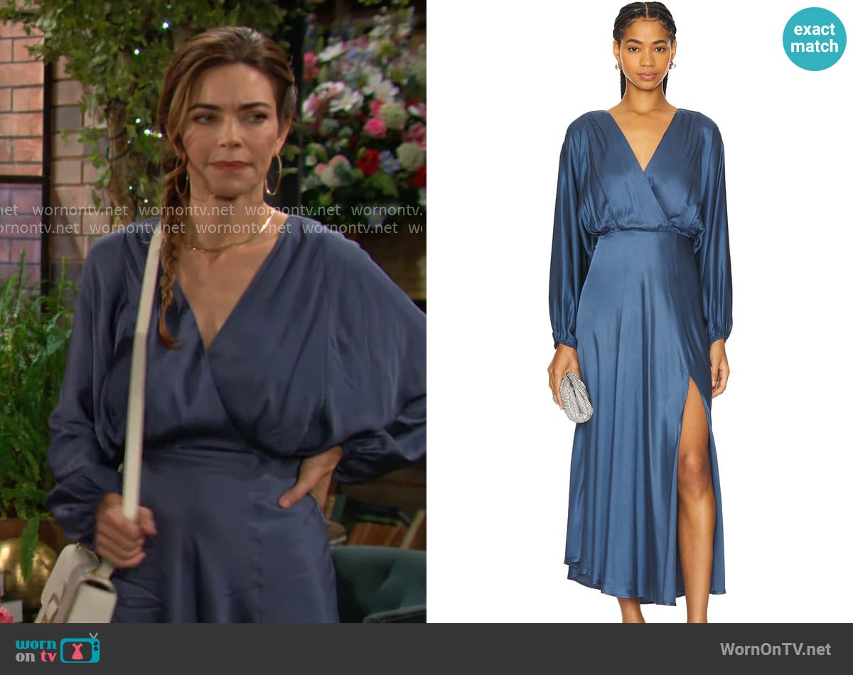 ASTR The Label Kimiko Long Sleeve Faux Wrap Dress in Slate Blue worn by Victoria Newman (Amelia Heinle) on The Young and the Restless