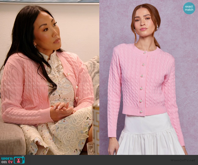 ASTR the Label Pearl Button Cable Knit Cardigan worn by Katie Ginella on The Real Housewives of Orange County