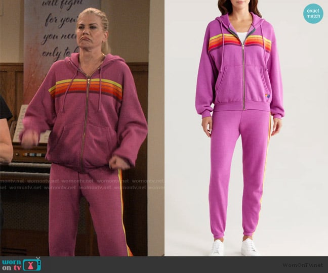 Aviator Nation Rainbow Stripe Sweatpants worn by Carol (Kristen Johnston) on Leanne