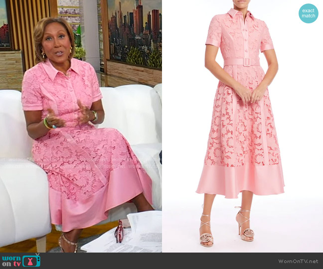 Badgley Mischka Collection Belted Floral Lace & Mikado Cocktail Dress in Peony worn by Robin Roberts on Good Morning America