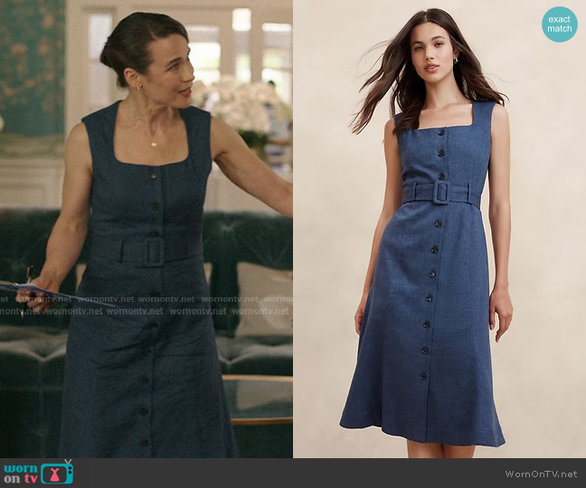 Banana Republic Linen-Blend Button Midi Dress in cross blue herringbone
