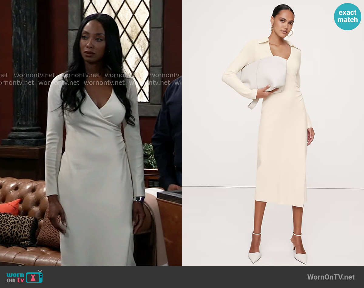 Banana Republic Polo Wrap Sweater Dress in Transition Cream White worn by Jordan Ashford (Tanisha Mariko Harper) on General Hospital