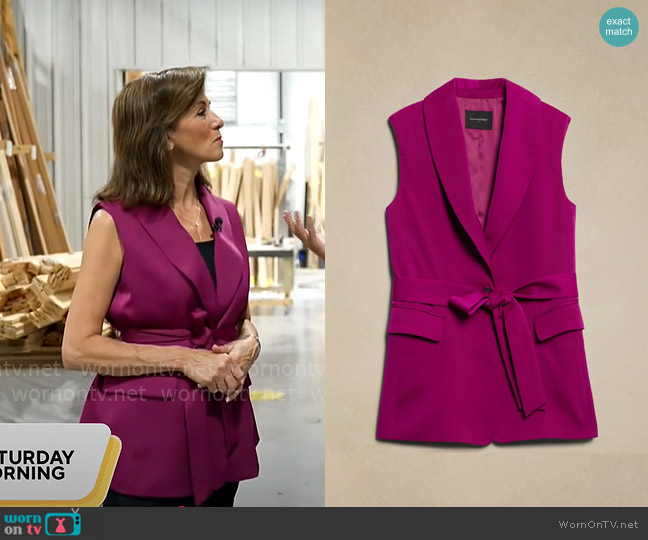 Banana Republic Silky Tie-Waist Vest in Tropical Berry worn by Janet Shamlian on CBS Mornings