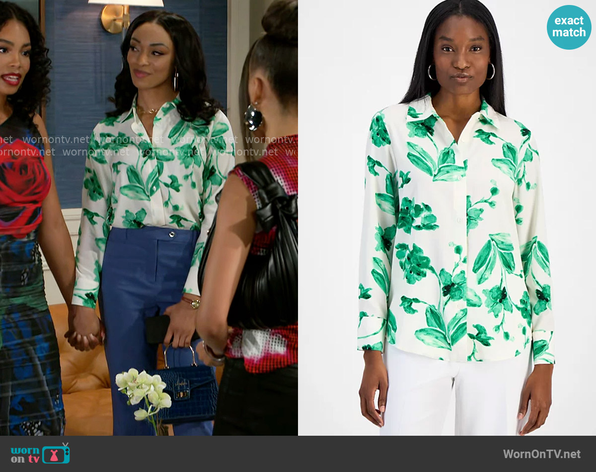 Bar III Printed Button-Front Blouse in Green Chili worn by Madison Montgomery (Kenjah) on Beyond the Gates
