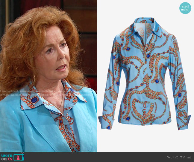 Boston Proper Jeweled Chains Sophia Button Up Charmeuse Blouse in Blue worn by Maggie Horton (Suzanne Rogers) on Days of our Lives