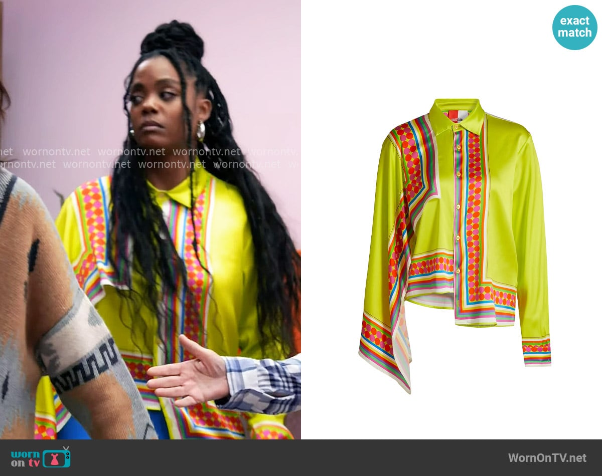 BruceGlen Scarf-Printed Asymmetric-Hem Shirt worn by Sabrina Hollins (Novi Brown) on Tyler Perrys Sistas