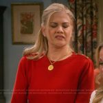 Carol’s red button shoulder sweater on Leanne
