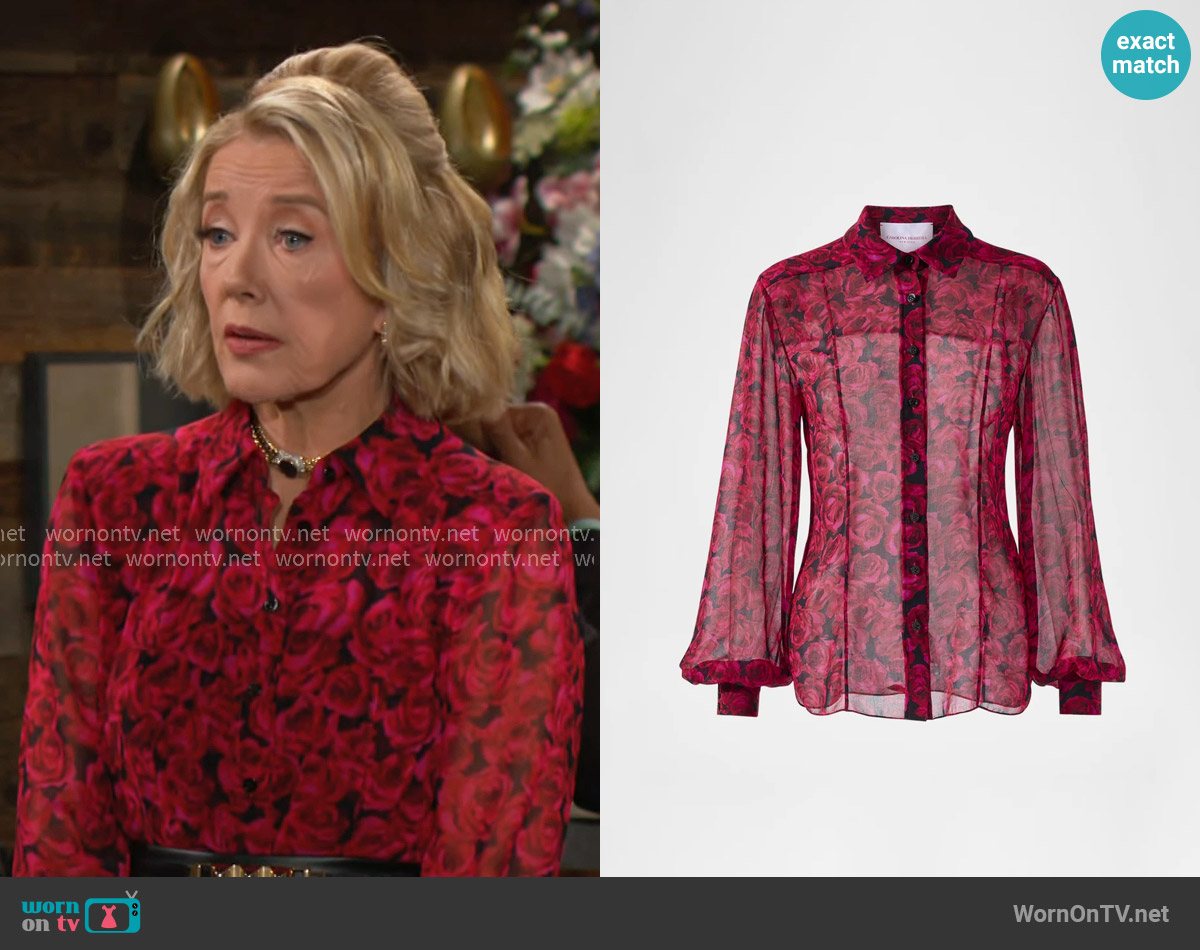 Carolina Herrera Rose-Print Classic Button-Down Blouse worn by Nikki Reed Newman (Melody Thomas-Scott) on The Young and the Restless
