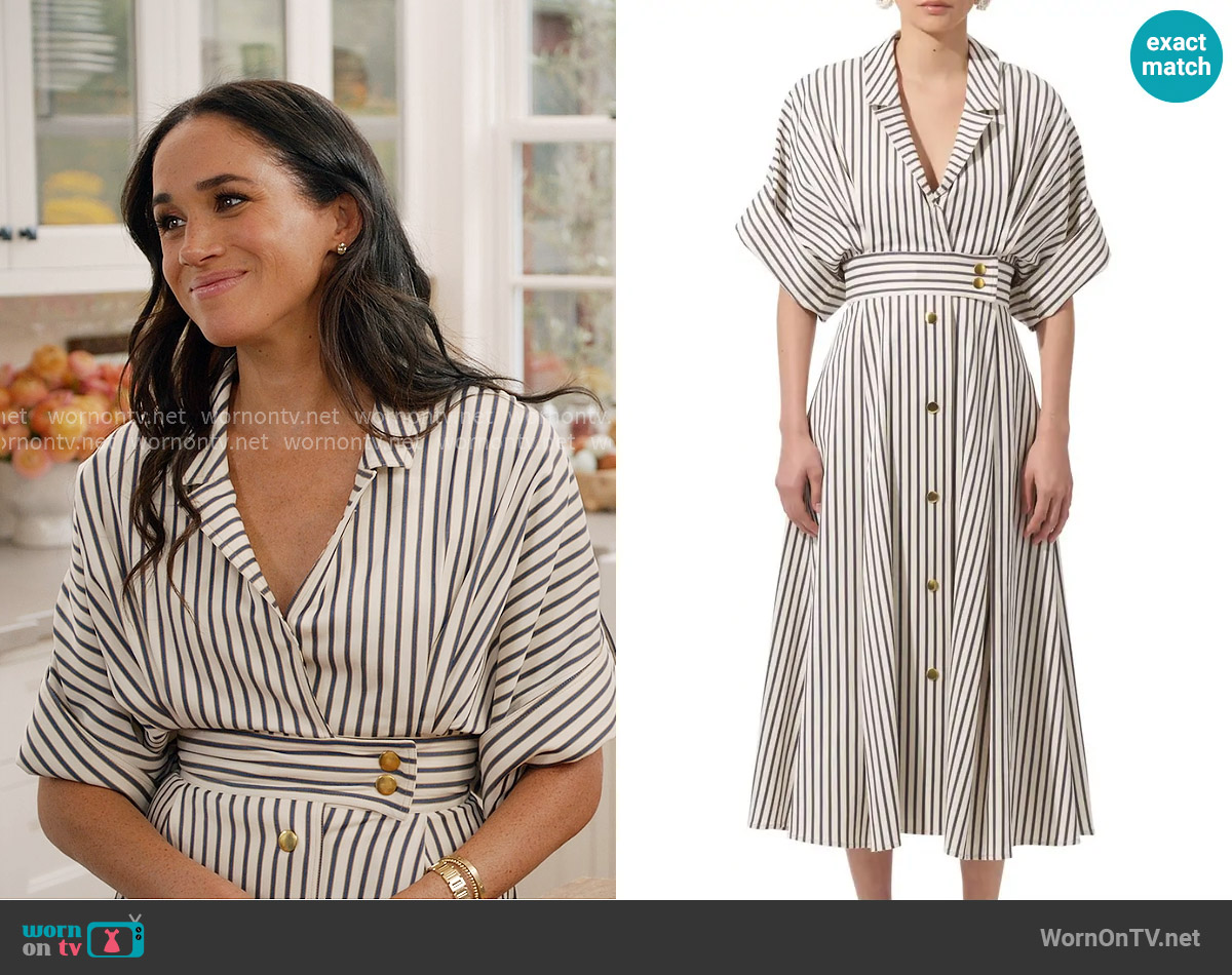 Carolina Herrera Stripe Dropped Shoulder Shirtdress worn by Meghan Markle on With Love Meghan