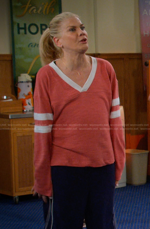 Carol’s pink stripe sleeve top on Leanne
