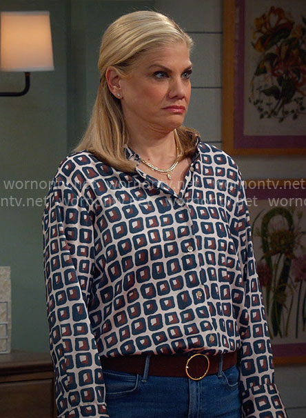 Carol’s printed button down blouse on Leanne