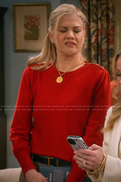 Carol’s red button shoulder sweater on Leanne