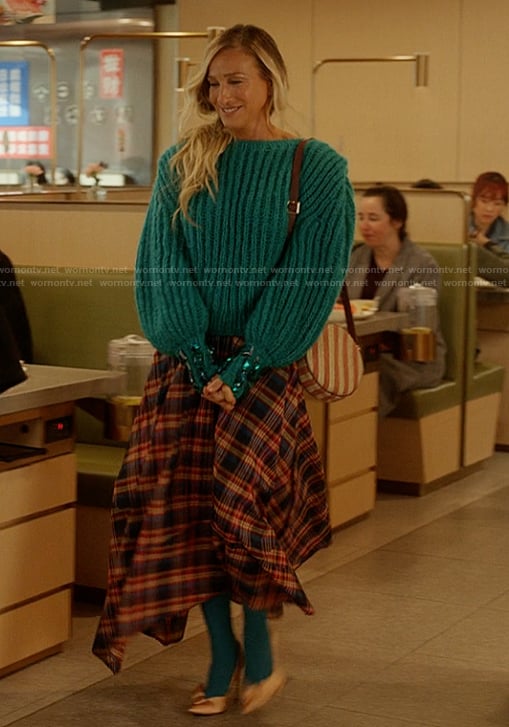 Carrie’s plaid skirt and sweater on And Just Like That