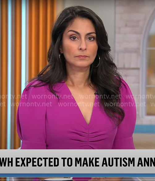Celine Gounder’s magenta v-neck dress on CBS Mornings