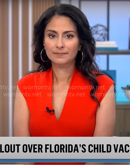 Celine Gounder’s red v-neck dress on CBS Mornings
