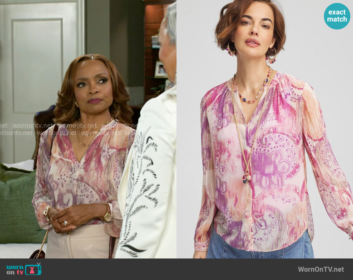 Chicos Georgette Pintuck Blouse in Purple Clover worn by Tracy (Maria Howell) on Beyond the Gates