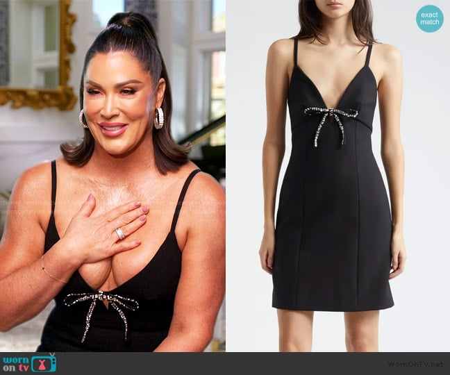 Cinq a Sept Adele Embellished Bow Minidress worn by Emily Simpson on The Real Housewives of Orange County