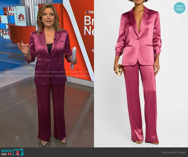 Cinq a Sept Khloe Smooth Satin Blazer in Dark Ube worn by Christine Romans on NBC News Daily
