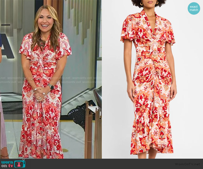 Cinq a Sept Peeta Ruched Damask Midi Dress worn by Lori Bergamotto on Good Morning America