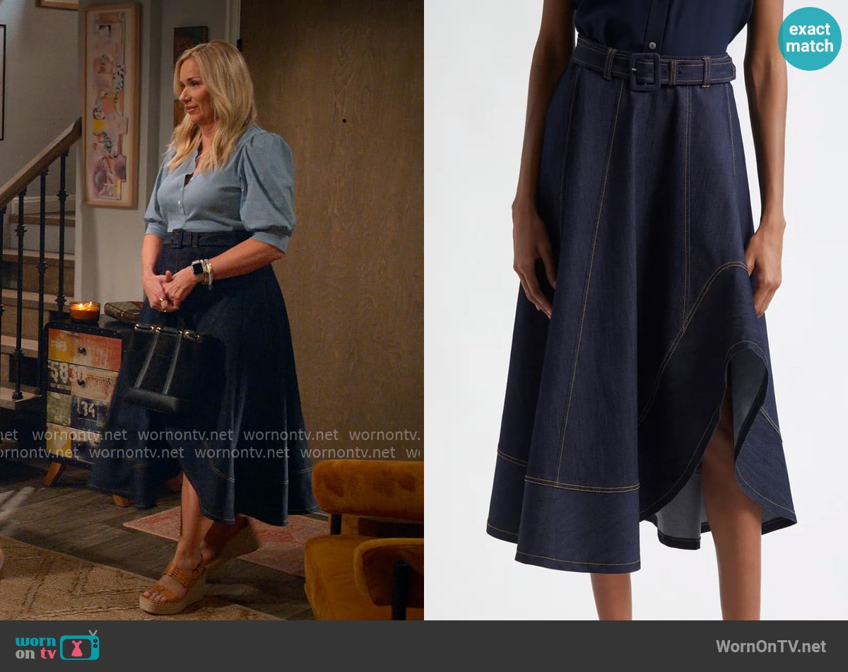 Cinq a Sept Zelda Denim Asymmetric Midi Skirt worn by Leanne Murphy (Leanne Morgan) on Leanne