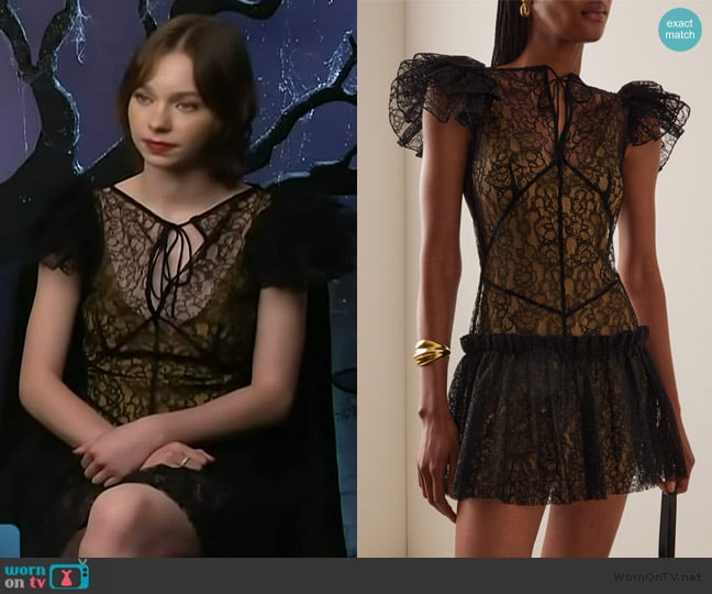 De La Vali Nephele Ruffled Lace Mini Dress worn by Emma Myers on Access Hollywood