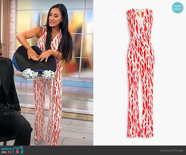 Diane von Furstenberg Terria wrap-effect printed jersey wide-leg jumpsuit worn by Elizabeth Werner on CBS Mornings