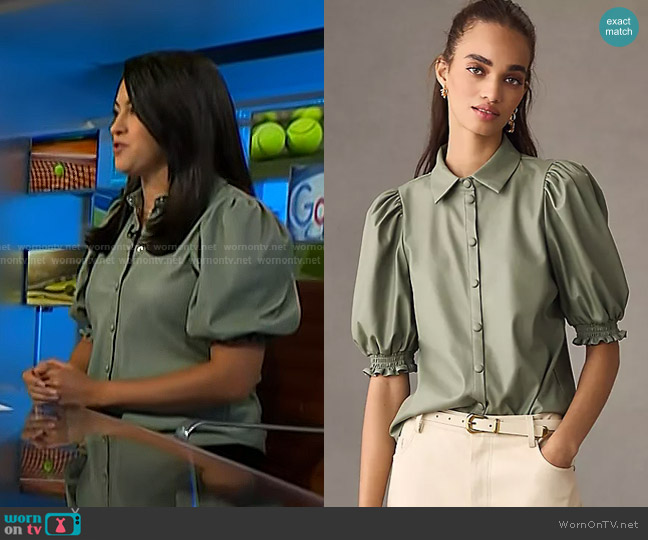 Dolan Left Coast Puff-Sleeve Faux Leather Blouse in Green worn by Valerie Castro on NBC News Daily