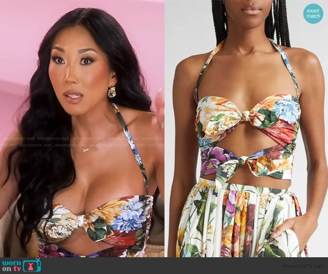 Dolce & Gabbana Floral Bow Cutout Halter Top worn by Katie Ginella on The Real Housewives of Orange County