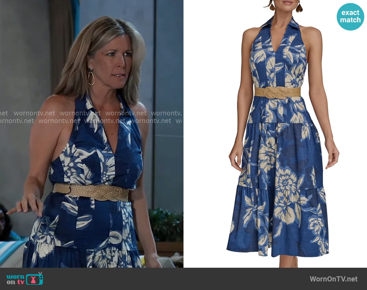 Donna Karan Belted Floral Halter Neck Midi Dress in Prussian Blue worn by Carly Spencer (Laura Wright) on General Hospital
